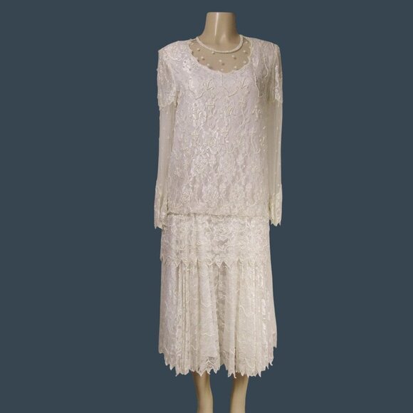 VTG SCALA M Lace Beaded Romantic Wedding Flapper Drop Waist Midi Maxi Dress - Picture 1 of 15